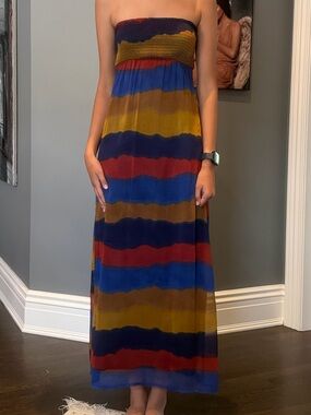 Kimchi Blue Strapless Maxi Dress in Blue, Red, Mustard & Navy Stripes